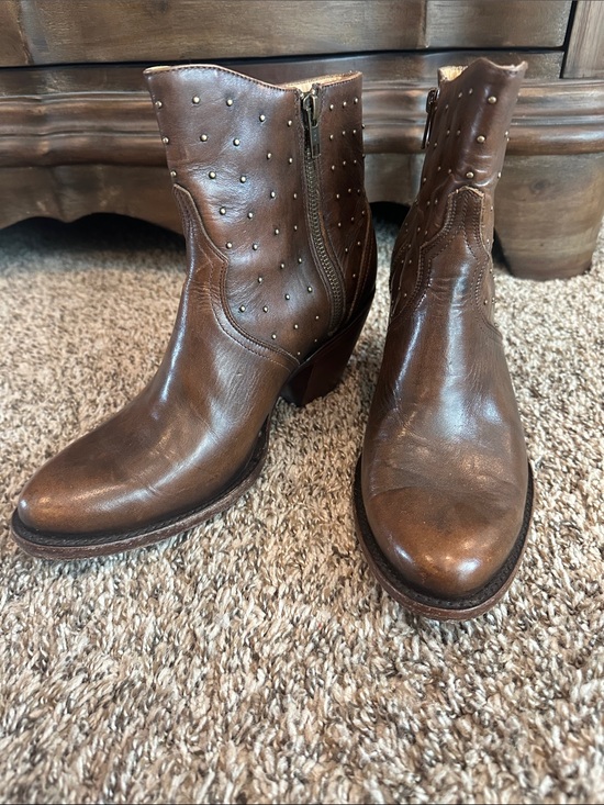 Lucchese Shoes - Lucchese Brown Studded Leather Western Ankle Booties